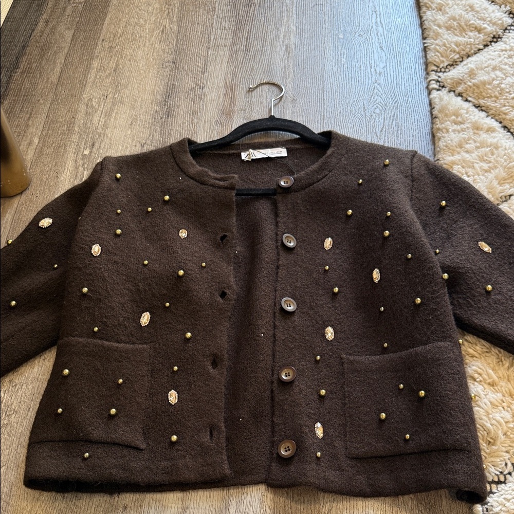 Zara Dark Brown Pea Coat with Bead Embellishments